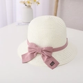 Cappello di paglia crema per bambine con nastro rosa e fiocco per spiaggia estiva - Bambini 54cm (4-9 Anni) / Solo Cappello / crema