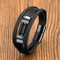 Detalle de pulsera multicapa de cuero trenzado negro con cierre magnético de acero - Estilo-5 (Metal Plata-Negro) / 19cm