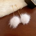 Detailed shot of white plush ball earrings with gold chain and sparkling crystal stud - Rhinestone Gold Chain White Fur Ball Tassel Drop / White Fur Ball Tassel (Silver Needle)