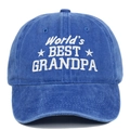 Détail de la broderie World's Best Grandpa sur casquette en coton délavé bleu marine - Réglable / Bleu royal