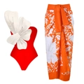 Rood badpak met één schouder met witte 3D-bloem en oranje bloemen wikkelrok set - S / Oranje Set