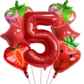Detail of strawberry themed party balloon set with large red number 5 and star balloons - Smiling Strawberry Style (Smiling Strawberry Set 5)