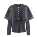 Dunkelgraues Strick-Cape-Top mit eleganten Perlenknöpfen und schwarzer Spitze - S / Grau