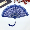 Elegant blue lace folding fan with golden floral patterns and silk tassel accessory - Royal Blue with Tassel