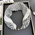 Black and white houndstooth silk scarf with a floral pearl magnetic clasp on a tray - Rose Buckle-Classic White Stripes / 37cm