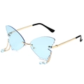 Frameless blue butterfly sunglasses with gold temples and beaded chain tassel - Gold Frame Light Blue