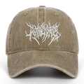 Retro washed cotton Gothic punk baseball cap in vintage tan with white metal embroidery - Adjustable / Khaki