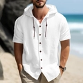 Men's white short sleeve hooded shirt in breathable linen texture for beach vacation - S / White