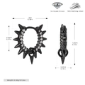 Macro shot of S925 silver spike earrings with black zircons and precise dimensions - Black Gold Plated 925 Silver