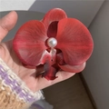 Sweet pink phalaenopsis orchid hair clip with central pearl accent for women - Dark Red