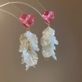 Detail showing pink resin heart stud and shimmering white shell fringe on elegant earring - Pink Heart White Shell Petal (52# Silver Needle)