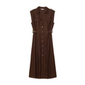 Dark brown sleeveless linen midi dress with shirt collar, waist belt, and cargo pockets - XS / Coffee