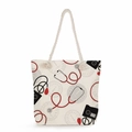 Nurse themed large canvas tote bag with stethoscope print and white rope handles - Red Stethoscope & Sphygmomanometer Style (ms4544)