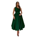 Robe de soirée élégante en satin vert foncé à une épaule avec jupe évasée plissée midi - US 2(S) / Vert