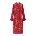 Elegant red lace bodycon dress with standing collar and stylish flared sleeves - S / Red