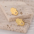 Vintage gold Hamsa Hand stud earrings with white pearl and intricate floral carvings - Hamsa Hand
