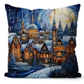 Blue stained glass style Christmas pillowcase with a snowy village print for holiday decor - Snowy Town Stained Glass