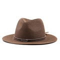 Detailed texture of a dark brown straw fedora hat featuring a vintage metal buckle accent - M (56-58cm) / Brown