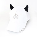 Close-up of white baseball cap featuring black devil horns and metal rings on brim - Half Ring Star White