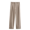 Detalle en plano de pantalones caqui de talle alto y pernera ancha con pliegues - Pantalones Marrones / S