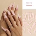 Matte light pink long coffin press-on nails with professional model hand display - Long Coffin / Matte Nude Pink