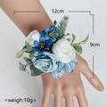 Blue and white wedding wrist corsage for bridesmaids with artificial flowers and pine - Wrist Corsage / Haze Blue
