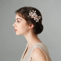 Pink flower and rose gold leaf bridal hair comb with pearls on a model’s hairstyle - 4# Rose Gold Hair Comb