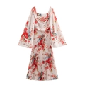 Floral print long sleeve pleated dress with cow neck and chic vintage rose patterns - XS / Red