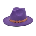 Detail of purple fedora hat with a wide brim and braided brown leather band decoration - M (56-58cm) / Purple