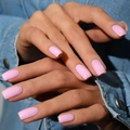 Glossy pink medium square press-on nails shown on hands against denim background - Medium Square / Rose Pink