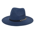 Navy blue fedora straw hat with elegant black band and golden metal chain detail - M (56-58cm) / Navy Blue