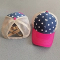 Pink and blue star print mesh baseball cap with criss-cross ponytail opening - One Size / Denim Blue Pentagram