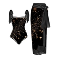 Three-piece black bikini set with gold star print and matching long wrap skirt - Black Base Galaxy