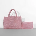 Pink woven tote bag and matching clutch set featuring classic woven design for women - Denim Pink