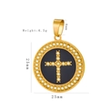 Gold round medallion pendant with crystal cross inlay and detailed dimensions shown - HD-72 Round Cross Style