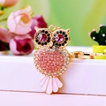 Pink rhinestone owl car keychain accessory with golden metal ring and purple crystal eyes - A430 Owl B Pink