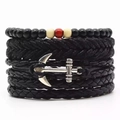 Meerlaagse heren lederen armband set met zilveren anker hanger en gekleurde kralen - Zwarte Anker Hanger Armband