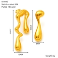 Detail view of 18k gold plated stainless steel fluid earrings with size measurements - Asymmetrical Gold Liquid Metal Style (SE009G)