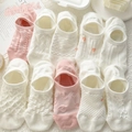 Women mesh low cut invisible socks in pink and white with strawberry embroidery - Korean Style Low Cut Boat Socks (Style B) / Pink and White