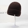 Deep coffee brown ribbed knit beanie hat for winter with a wide folded cuff design - Coffee