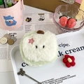Cute fruit-themed plush coin purse in green and white with pink flower embroidery - Light Green Apple