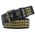 Detail of three-row pyramid metal studs on a black Y2K punk style leather belt - Antique Bronze
