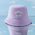 Purple cotton fisherman hat with Brooklyn embroidery shown on a blue wooden background - One Size / Purple