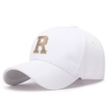 White baseball cap with gold 3D embroidered letter R and curved brim for casual style - Adjustable / White