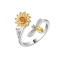 Adjustable sunflower and bee spinner ring in silver and gold tones with crystals - Sunflower Bee Open Ring (619) / Sunflower