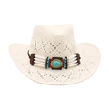 White woven cowboy hat with turquoise ethnic band and wide curved brim for summer beach - One Size (New Hollow) / White (White Strip Blue Bead)
