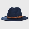 Detailed view of deep blue felt fedora hat with brown leather belt and silver buckle - Navy Blue