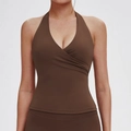 Slim fit halter neck yoga sports vest in dark brown with V-neck crossover detail - Chocolate Brown