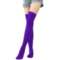 Purple striped over-knee socks in knitted fabric shown on model with white background - One Size / Purple Blue