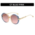 Fashionable round sunglasses in C7 blue and pink frame with gold feather-textured temples - Blue Frame Tea Lens